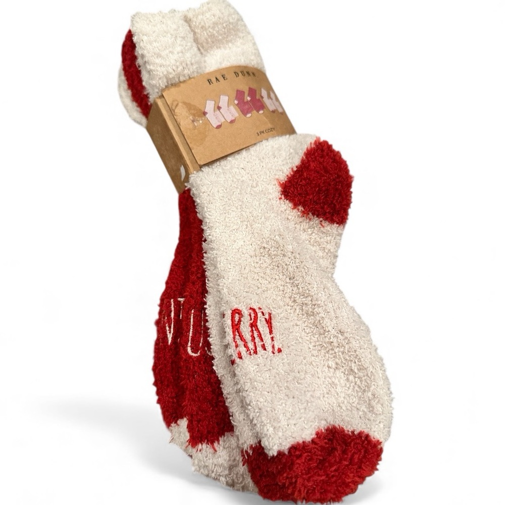 Rae Dunn 3 Pair Cozy Festive Red Cream White Thick Socks